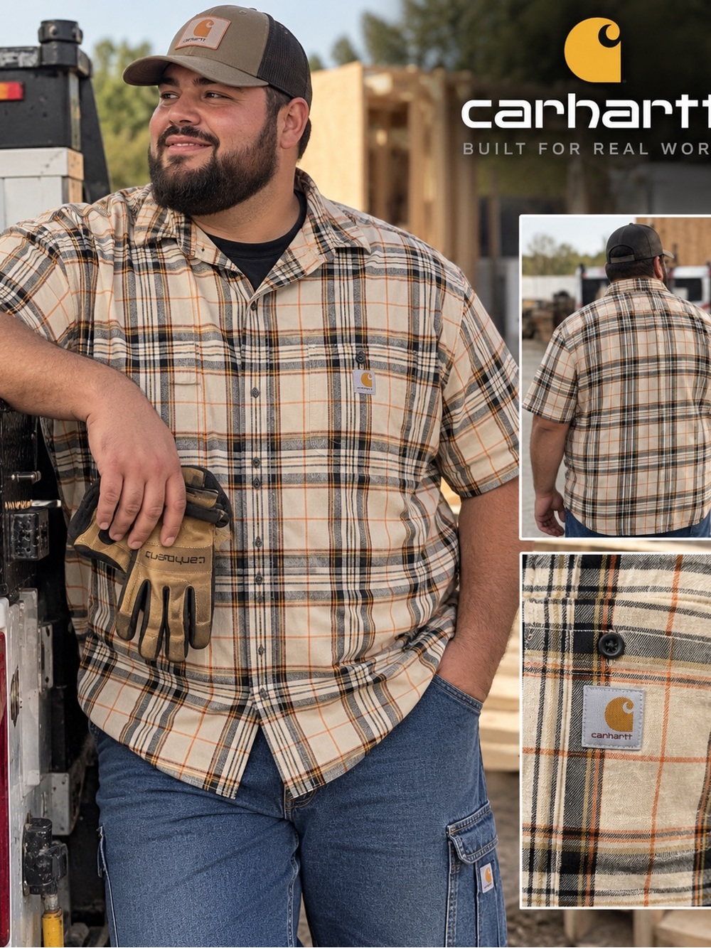 Carhartt Men’s Short-Sleeve Plaid Button-Down Shirt - Tan Black Orange